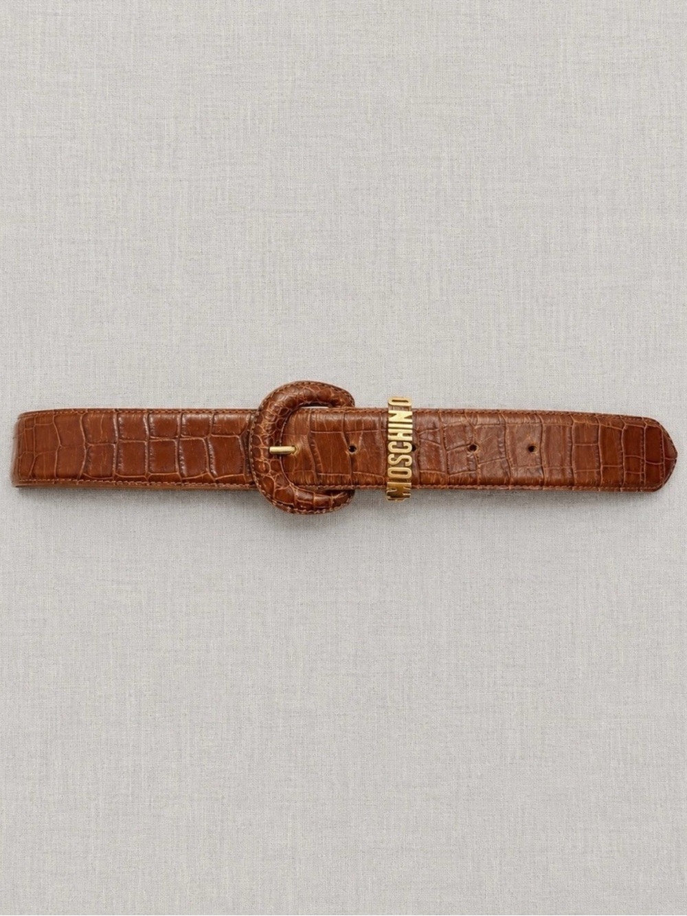 Moschino Brown Croc-Embossed Leather Belt with Gold Logo Accent